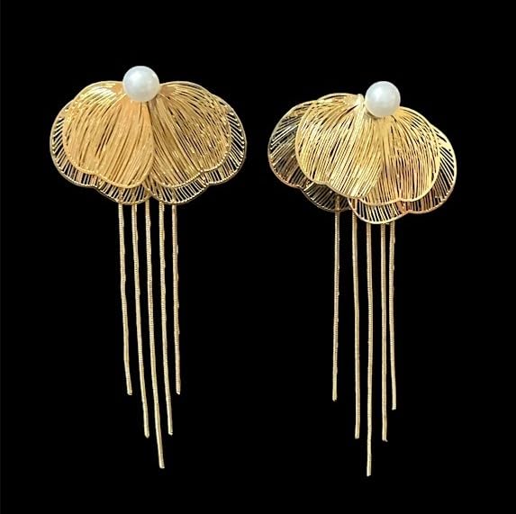 Pearl Drop Dangle Earrings, Gold-Plated Shell Design with Tassel, Statement Fashion Jewellery