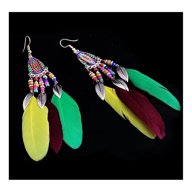 Feather Leaf Enamel Beads Green Yellow Brown Hanging Dangle Earring