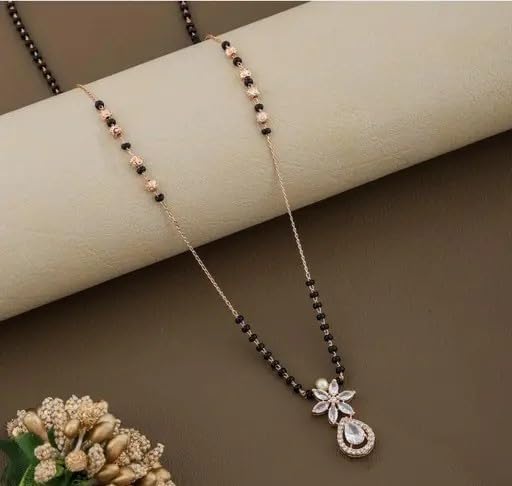 Flower Cubic Zirconia Copper Rose Gold Beads Neck Mangalsutra Women