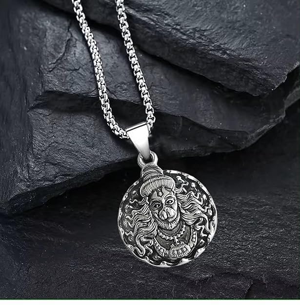 Bajrangbali Hanuman idol Monkey God of Devotion Locket Silver Zinc and Metal Pendant Necklace Chain For Men 22"