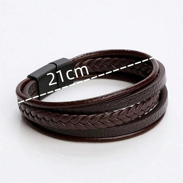 Genuine Brown Leather Braided Wrap Bracelet with Double Magnetic Clasp for Men & Boys