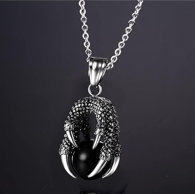 Stainless Steel Chain Dragon Claw Pendant Necklace Silver Black Glass Bead Pendant Retro Style Jewellery Accessories 22" Black