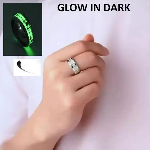 Glow in The Dark 8MM Silver ECG Heartbeat Ring, Luminous Glow Stainless Steel Ring For Men Boys Women Girls Size 17-20