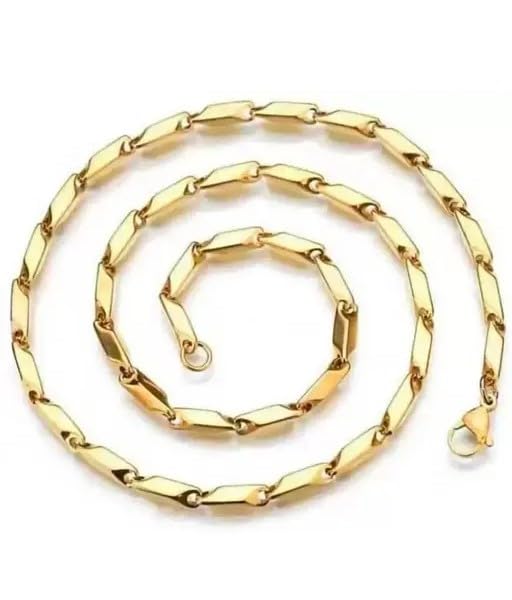 Stainless Steel Rice Chain Gold Plated Twisted Bar Design for Men and Boys (Gold)