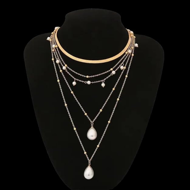 Layered Pearl Drop Choker Necklace Gold Plated Chain, Multi Strand Design Gothic Baroque Pearl Tassel Multilayered Wedding Necklace for Women