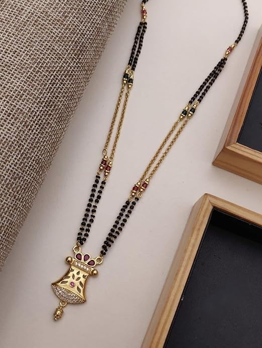 Gold Plated Necklace Short Mangalsutra Black Beads Tanmaniya, Chain