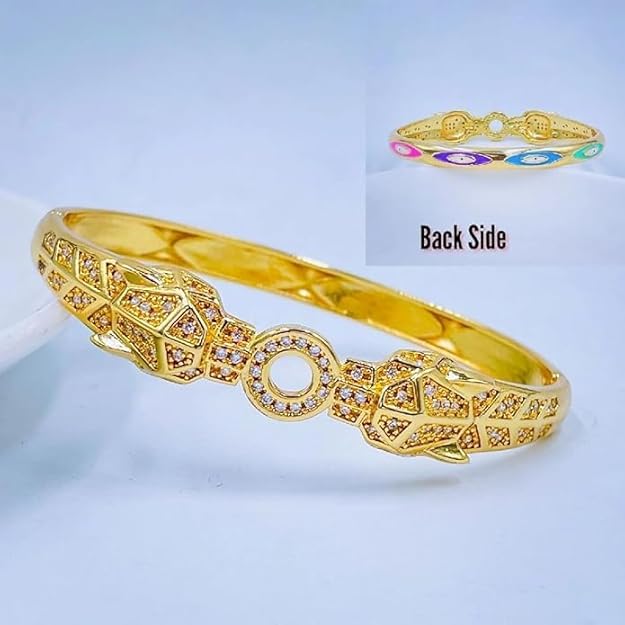 Dual Panther Evil Eye Enamel Cubic Zirconia Copper Gold Bangle Kada Women