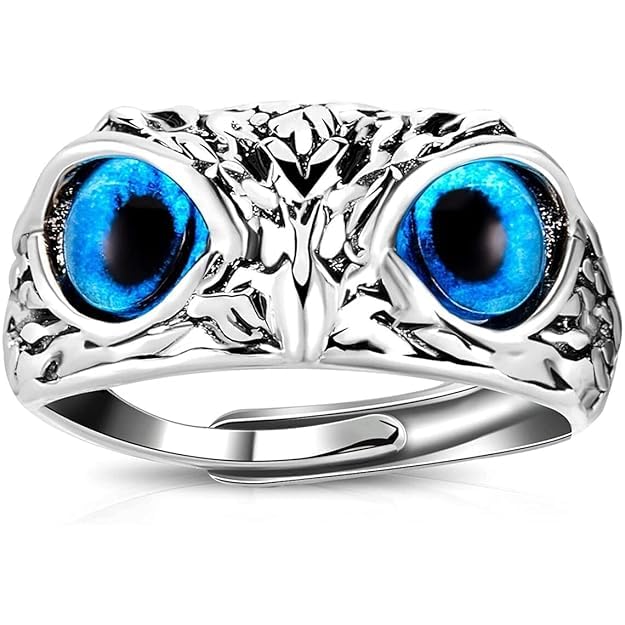 Evil Blue Eye Owl Face Ring Silver Alloy Adjustable Ring For Men Boys Women Girls