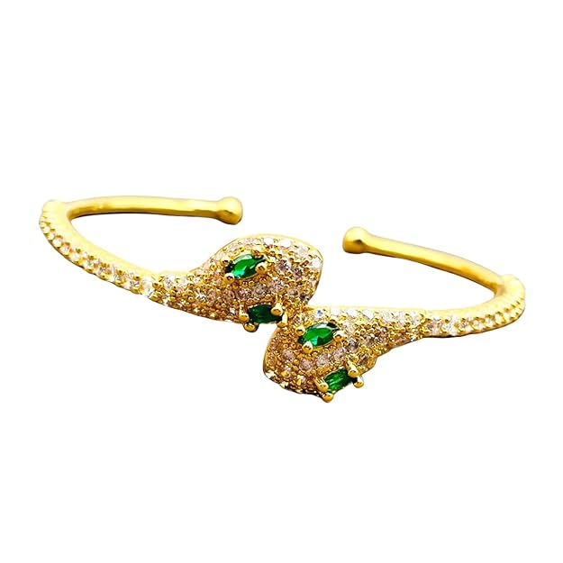 Green Emerald Snake 18K Gold Cubic Zirconia Cuff Kada Bangle