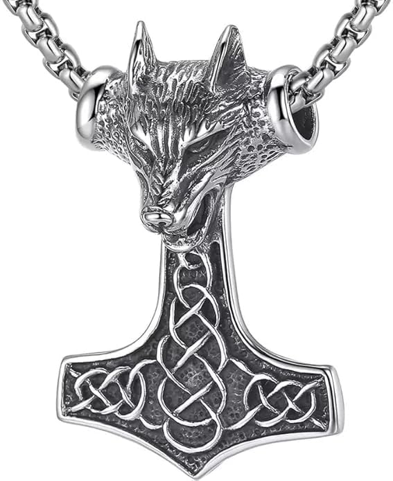 Stainless Steel Viking Wolf Head Celtic Knot Odin Mjolnir Pendant