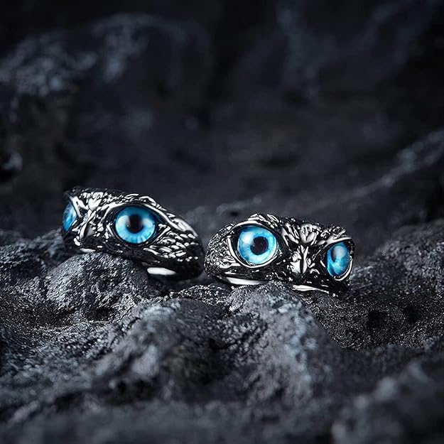 Evil Blue Eye Owl Face Ring Silver Alloy Adjustable Ring For Men Boys Women Girls
