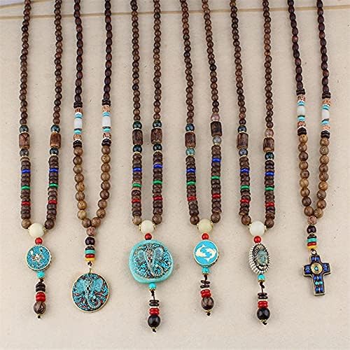 Vintage Nepal Long Buddhist Mala Wood Beaded Pendant & Necklace Ethnic Bohemian Boho Buddha Lucky Jewellery for Men and Women