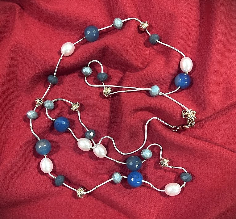 Pearl and Amber Beaded Necklace, Long Length, Blue-Tone Accents, Pink Cord For Women Size 19" Long