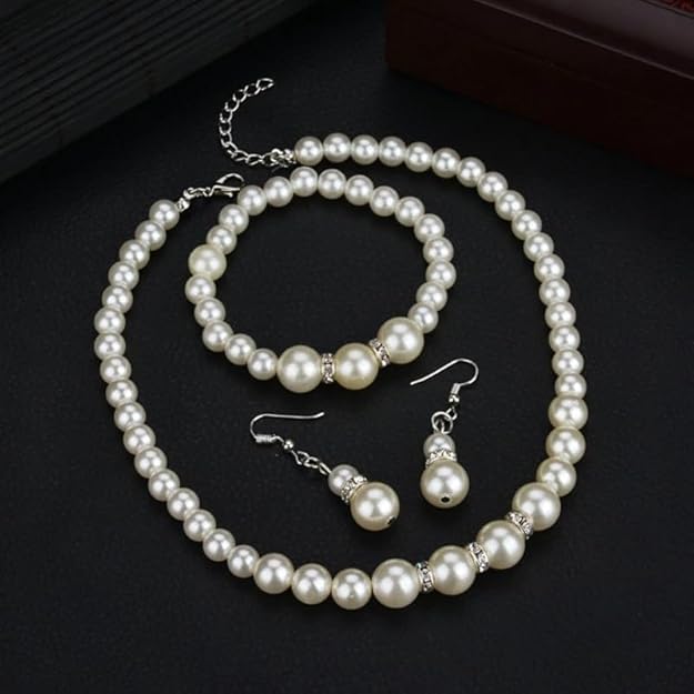 White Pearls with Crystal Choker Necklace, Earrings and Bracelet Jewelry Set for Women & Girls