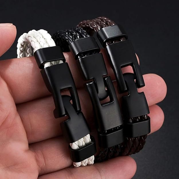 Biker Triple Layer Black Handcrafted Genuine Leather Wrist Band Wrap Bracelet For&nbsp;Men &amp; Boys Black