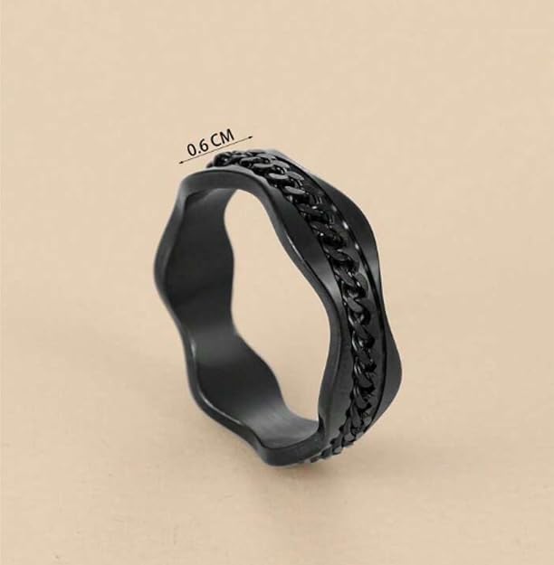 Black Stainless Steel Chain Link Ring, Wavy Design, Unisex Fashion Band Finger Ring for Men Size 17-20