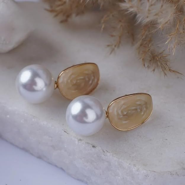 Elegant Pearl Drop Earrings, Gold Plated Fashionable Korean Circle of Life Gold-Tone Accent, White Faux Pearl Studs