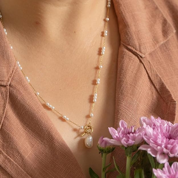 White Pearl and Stainless Steel Anti Tarnish Necklace For Women