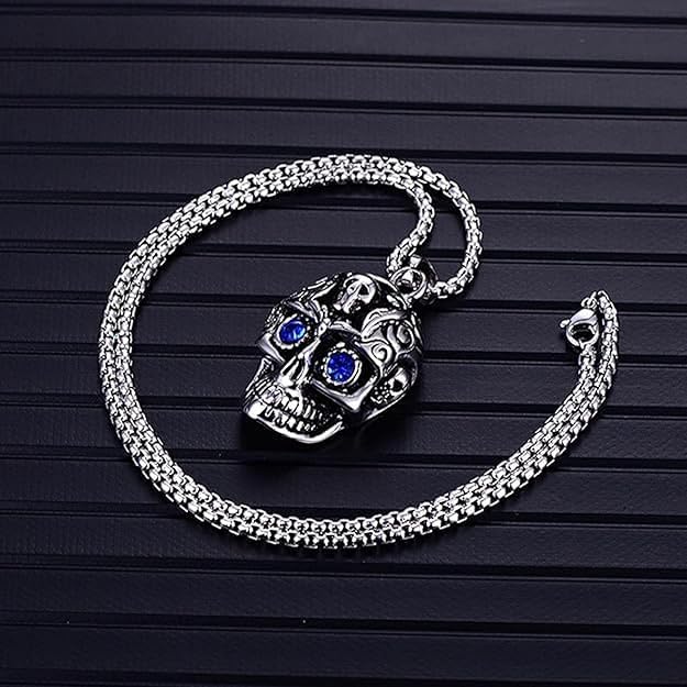 Pendant Necklace With Blue Eye Cubic Zirconia Hip Hop Necklace | Punk Skull Gothic Jewellery Gift, Stainless Steel chain 22"