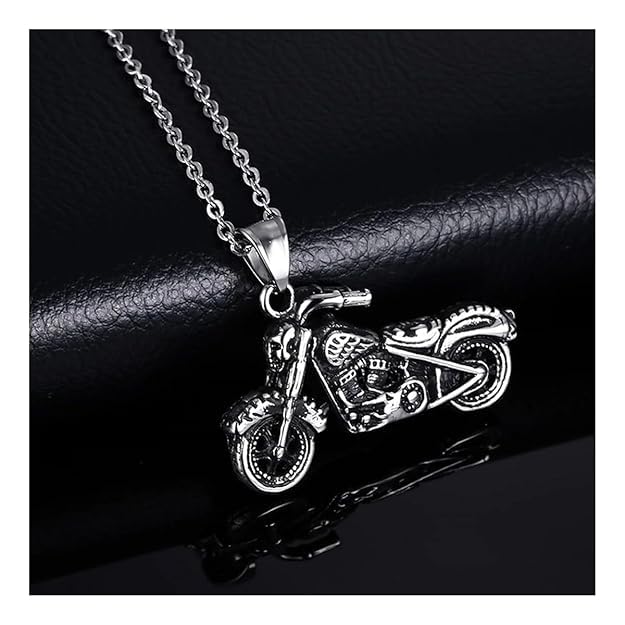 Stainless Steel Oxidized Gray Motorcycle Bike Pendant Chain Men