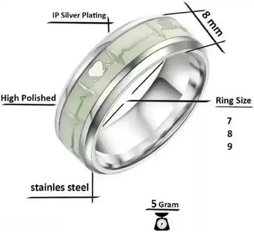 Glow in The Dark 8MM Silver ECG Heartbeat Ring, Luminous Glow Stainless Steel Ring For Men Boys Women Girls Size 17-20