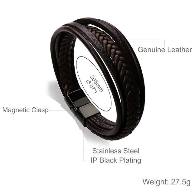 Genuine Brown Leather Braided Wrap Bracelet with Double Magnetic Clasp for Men & Boys