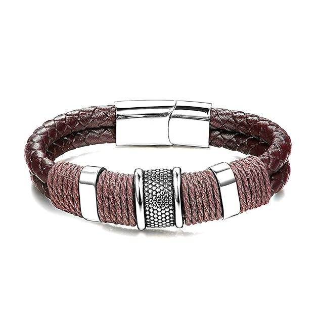 Rope Braided Brown Leather Stainless Steel Wrist Band Bracelet Accents, Magnetic Clasp for Men