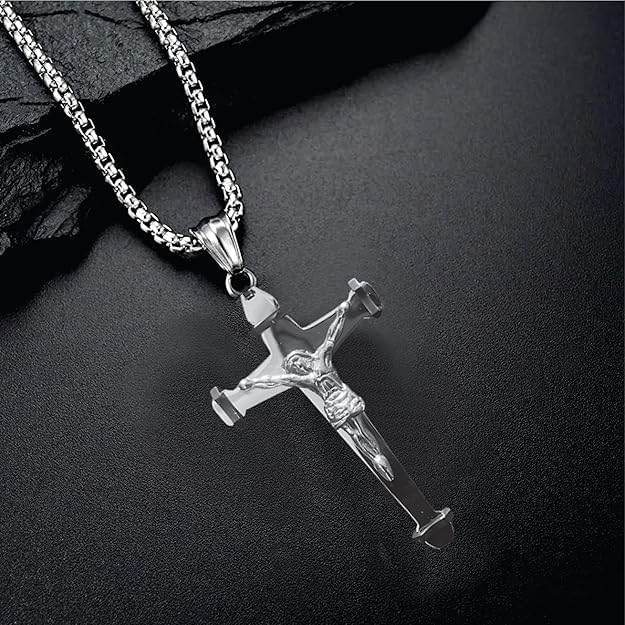 Lord's Prayer Cross Necklace Stainless Steel Curb Chain Christ Designer Delicate Pandant for Men & Boys 22"