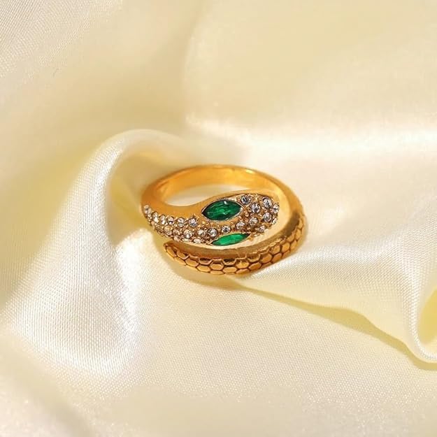 Fashion Jewelry Adjustable Green Eye Snake Head Shape Zircon Pave 18K Gold Plate Stainless Steel Gold Snake Ring for Women