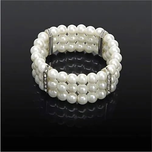 Crystal Bracelet White Pearl Stone Three -Layer Bracelet | Plain Bead With Stone | Round Free Size Elastic Natural Handmade Bracelet For Girls & Womens White