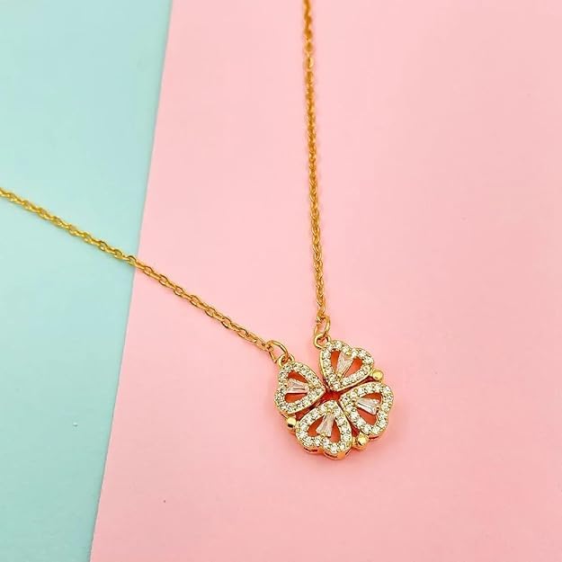 Rosegold-plated Two In One Magnetic Hearts Clover Pendant Necklace Gold-plated Stainless Steel Pendant
