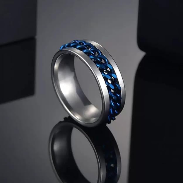 Fidget Ring for Men Anxiety Rings: 8mm Stainless Steel Spinner Ring, Stress Relief Spinning Ring in Blue for Men & Boy Size 5-11