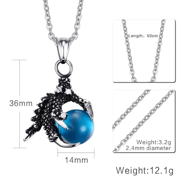 Stainless Steel Chain Dragon Claw Pendant Necklace Blue Silver Black Blur Glass Bead Pendant Retro Style Jewellery Accessories 22" Blue