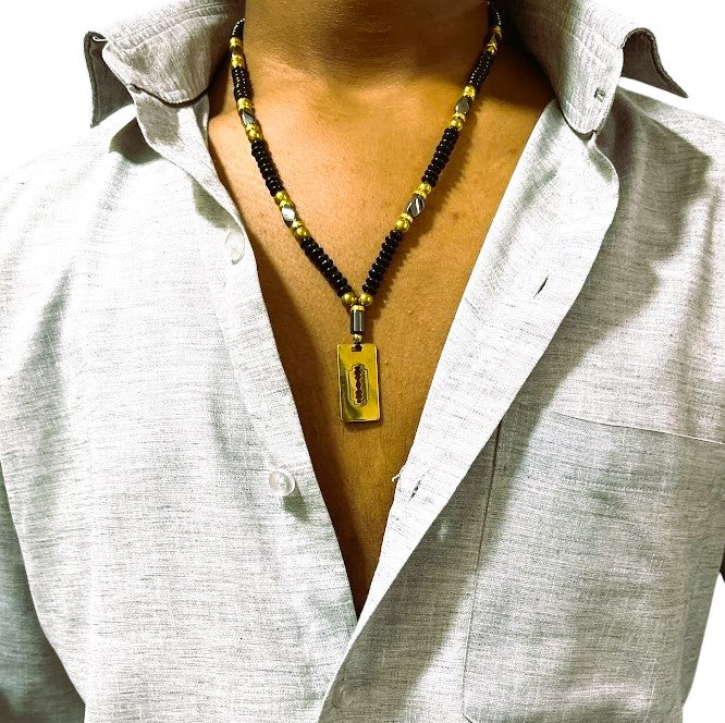 Designer Beaded Necklace, Black Onyx with Gold Accents, Razor Blade Pendant Long for Men