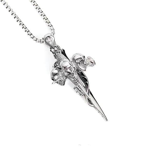 Gothic Triple Skull Pendant with Chain Stainless Steel Box Chain Cross Detail for Men Size 24
