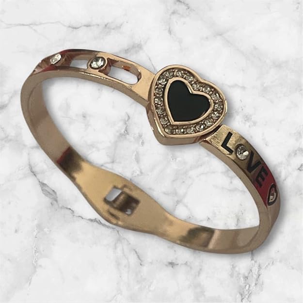 Rose Gold Heart Charm Bracelet, Love Design with Black Enamel, 18cm, stylish