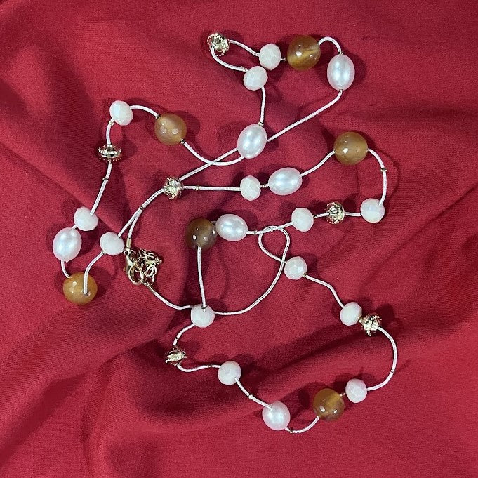 Pearl and Amber Beaded Necklace, Long Length, Gold-Tone Accents, Pink Cord For Women Size 19" Long