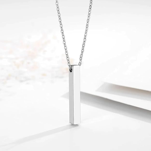 Fancy Black 3D Cuboid Vertical Bar Stick Locket Pendant 24 inches Chain Stainless Steel Pendant Set Boys Mens SIlver