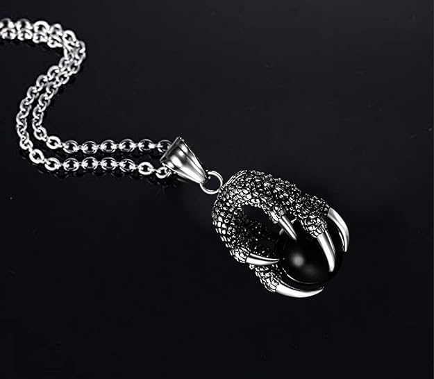 Stainless Steel Chain Dragon Claw Pendant Necklace Silver Black Glass Bead Pendant Retro Style Jewellery Accessories 22" Black