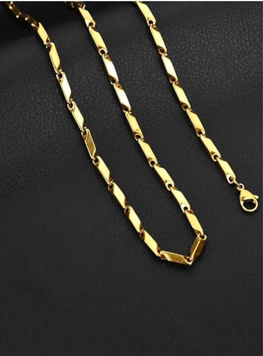 Stainless Steel Rice Chain Gold Plated Twisted Bar Design for Men and Boys (Gold)
