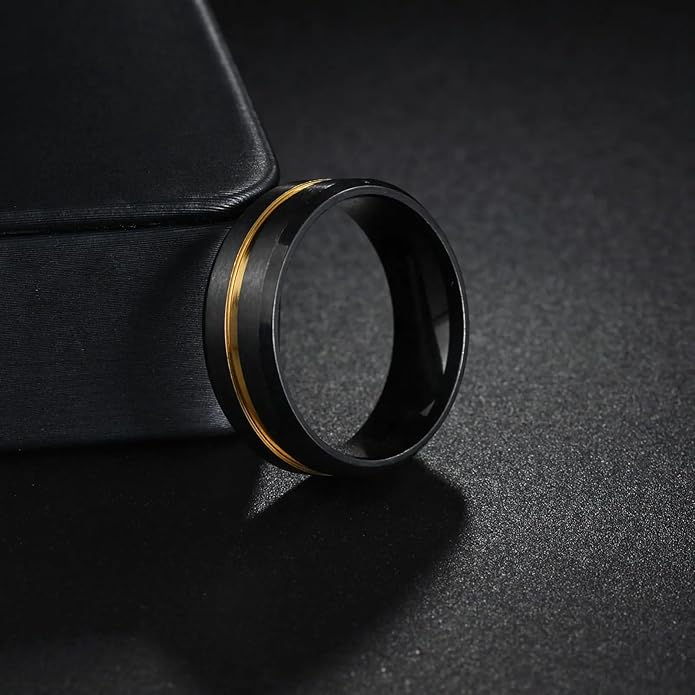 8mm Gold Groove Beveled Edge Black Tungsten Wedding Ring For Men Black Polished Steel Engagement Ring Mens Wedding Bands Size 17-21