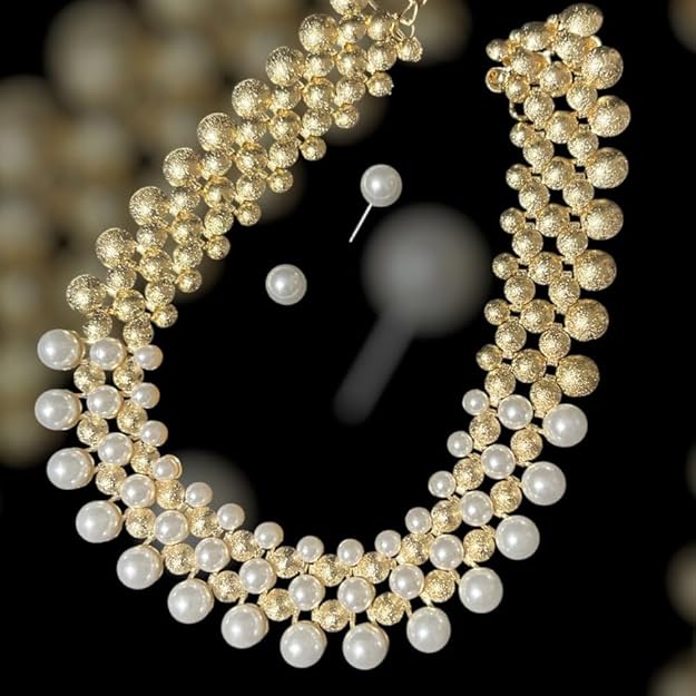 Pearl and Gold Tone Beaded Statement Necklace Set with Stud Earrings, Double Layer Chain Design Necklace Set for Women/Girls