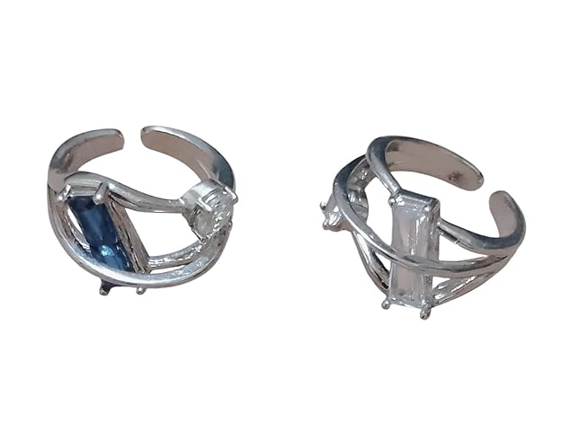 Adjustable Silver Ring with Blue Crystal and Clear Stone, Modern Design Blue and White for Women