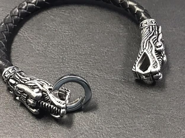 Biker Punk Lion Dragon Leather Stainless Steel Kada Bangle Bracelet