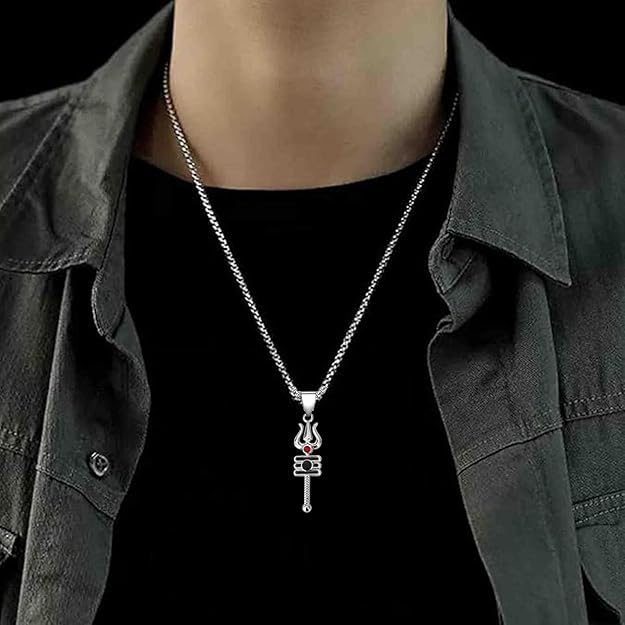 Mahadev Locket Jyotirling Dog Tag and Trishul Stainless Steel Pendant Necklaces, 22" Black and Silver, Combo Pack of 2