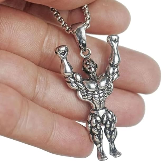 Stainless Steel Bodybuilder Wrestler Pendant Necklace Box Chain for Men and Boys 24"