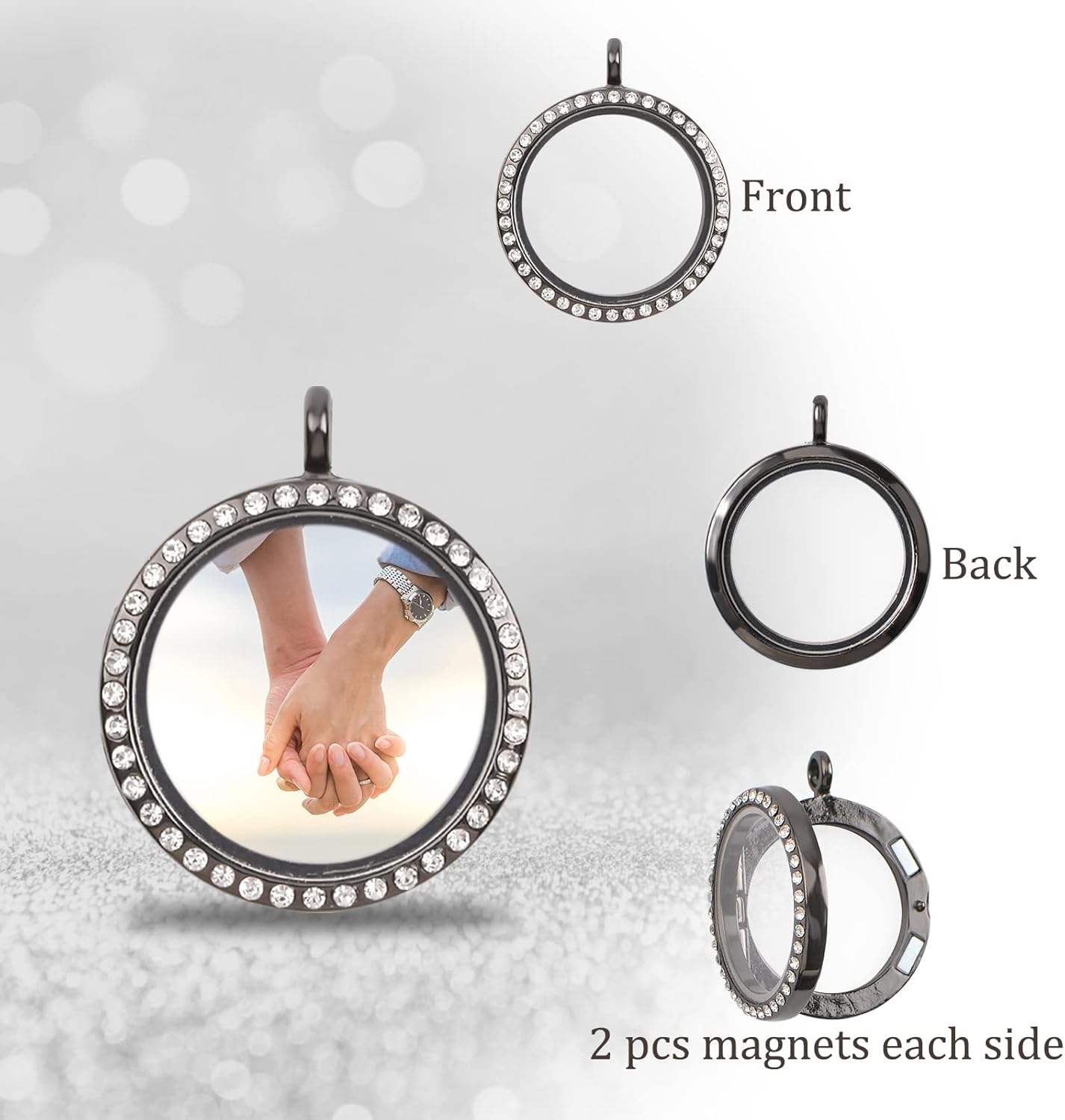 Rhinestone Photo Charm | Oval Grey White Crystal Photo Pendant