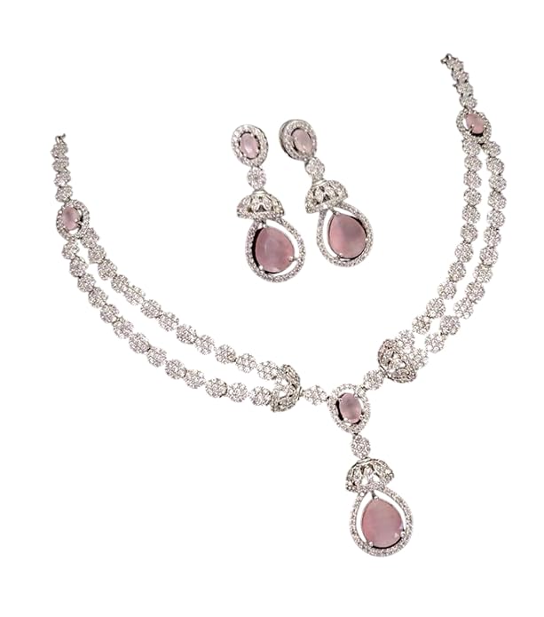 American Diamond Drop Necklace Set - Elegant Jewellry for Women Crystal Pendant and Earrings Pink