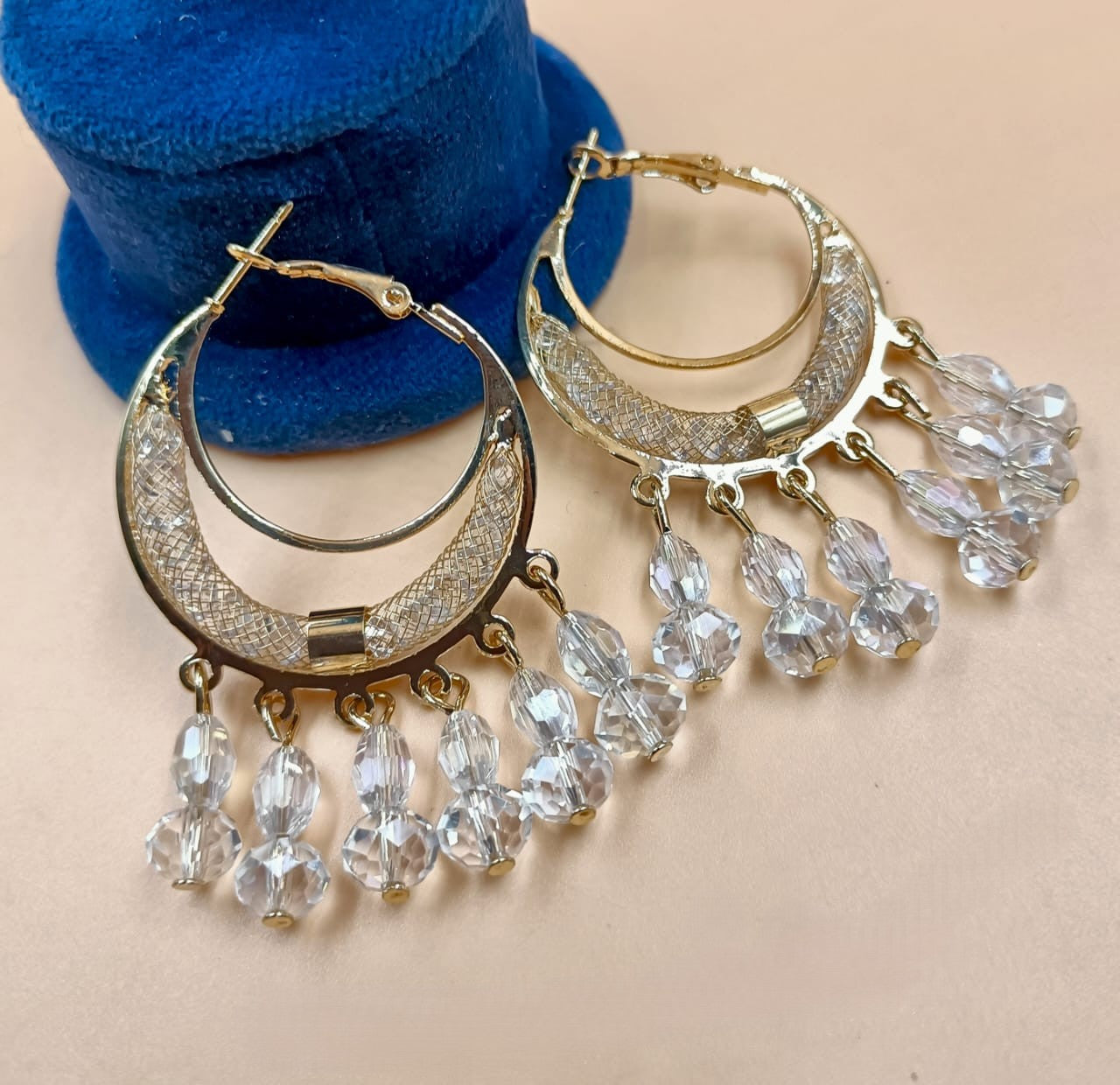 Latest Trendy Stylish Crystal Drop Hoop Baali Earrings, Rose Gold Plated, Crescent Design with Faceted Glass Beads for Girls and Women