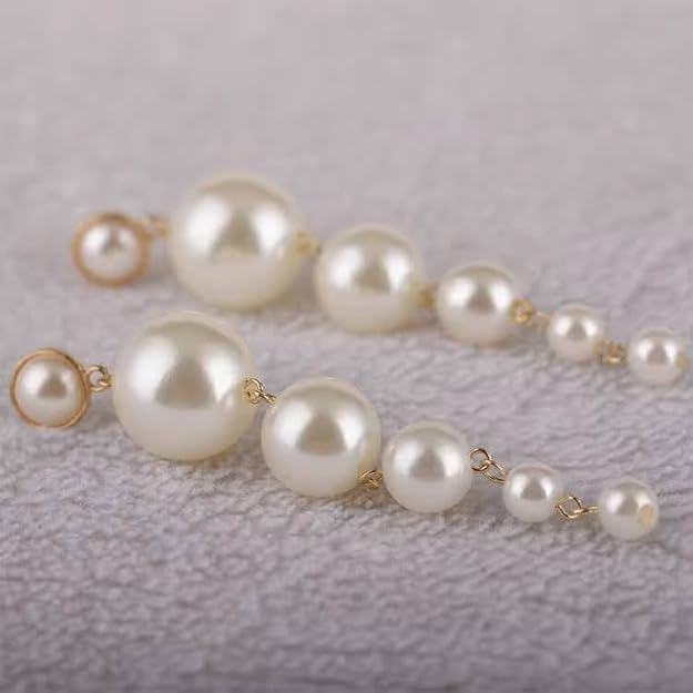 Latest Elegant White Pearl Hoop Earrings Chain, 6 White Pearls for Girls & Women
